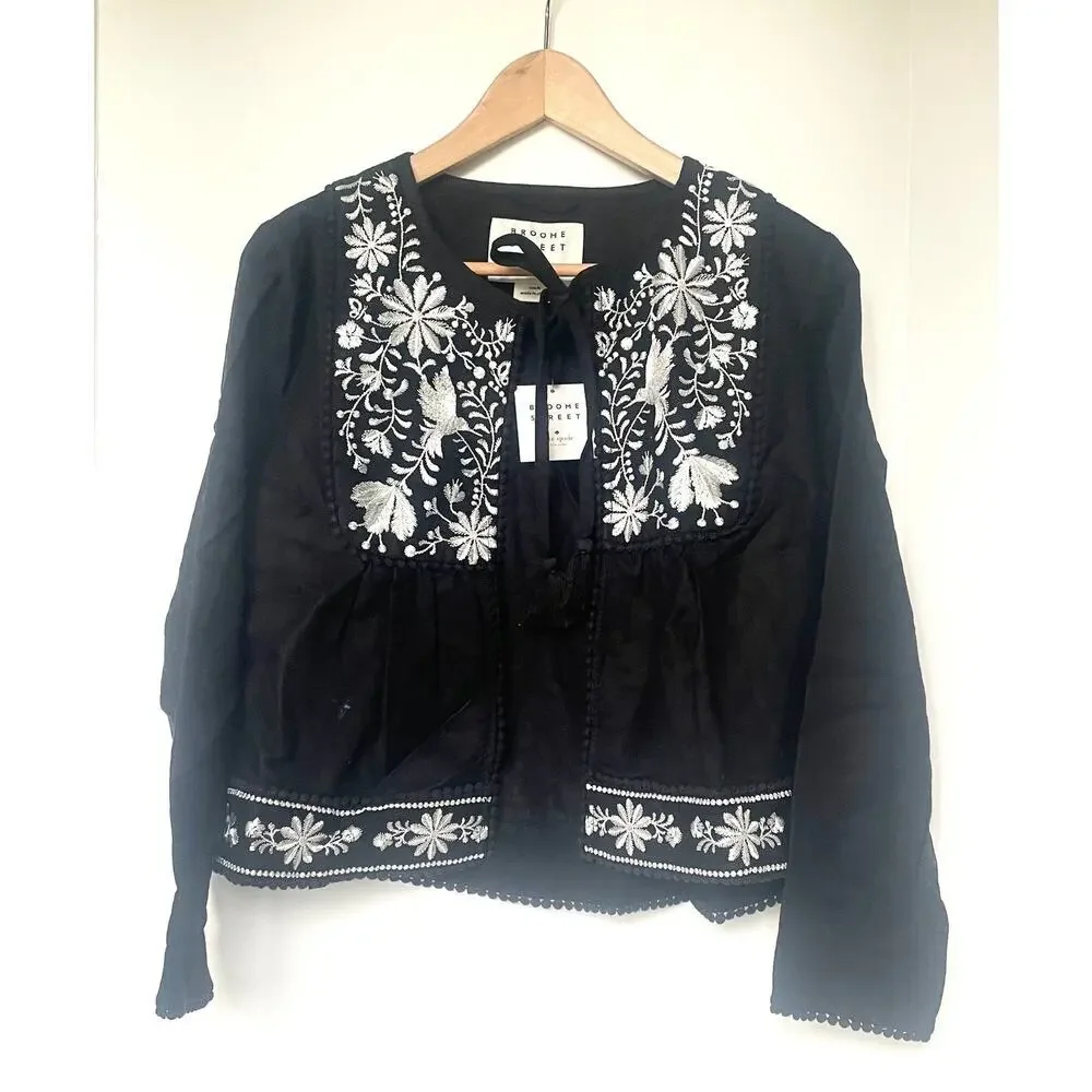 Kate Spade Black Linen Blend Crop Jacket Floral Embroidery Womens Medium